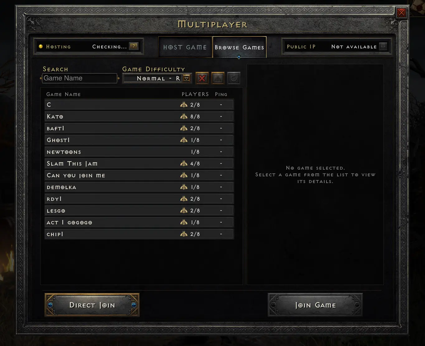 D2RLoader multiplayer browser showing available games and player counts